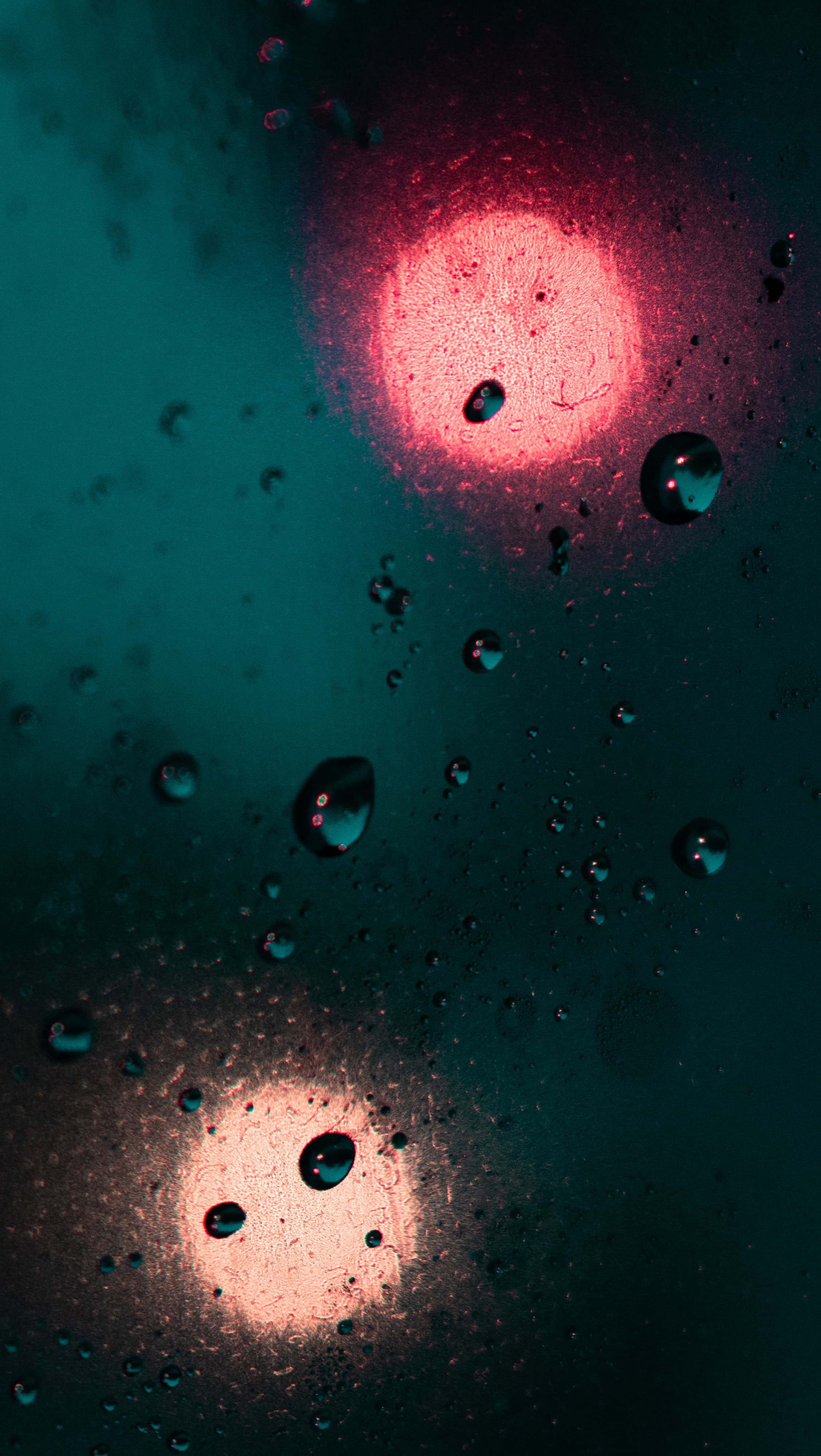 Droplets and reflections form an abstract red composition.