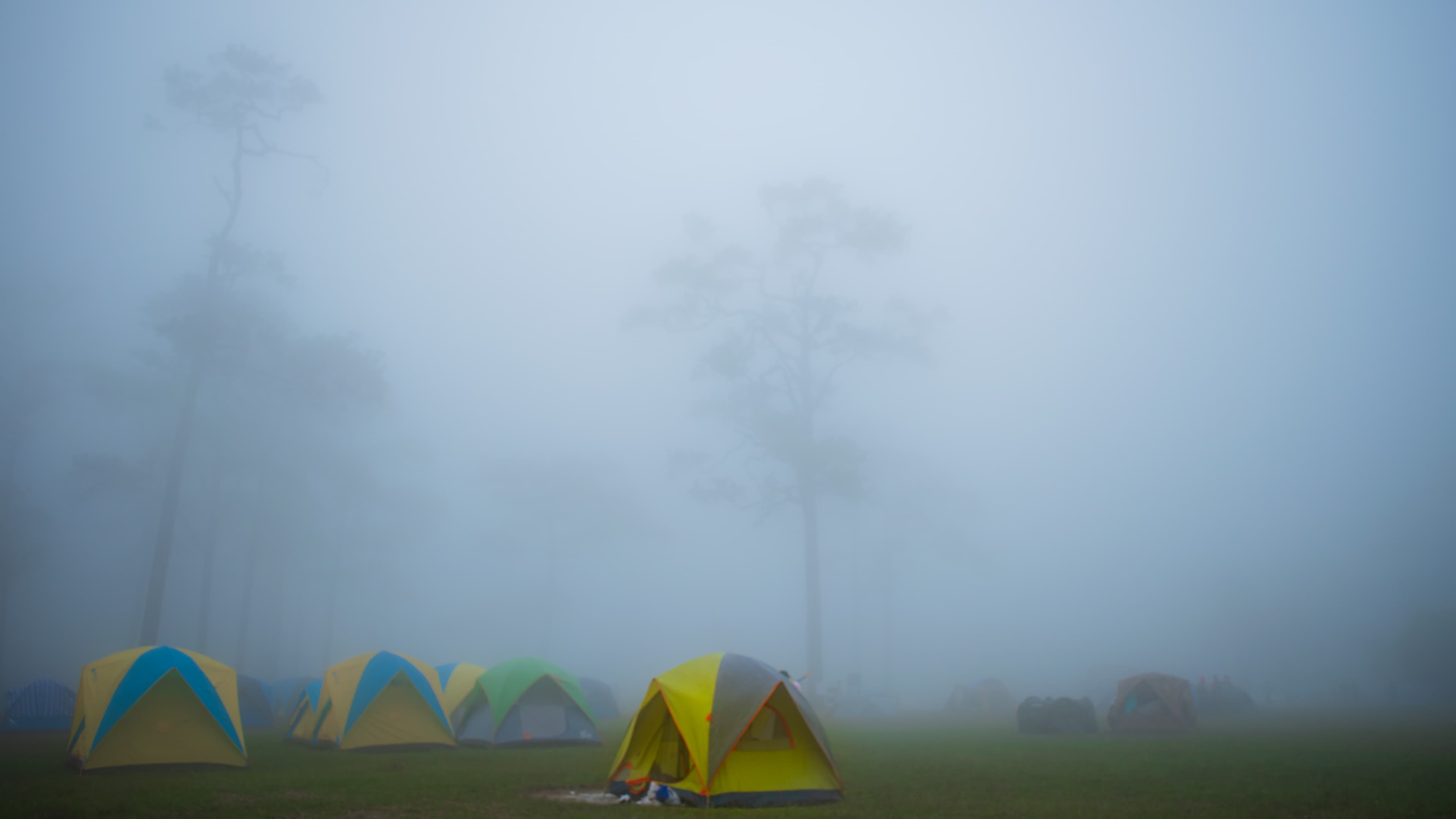 A campsite slowly emerges from the morning mist.