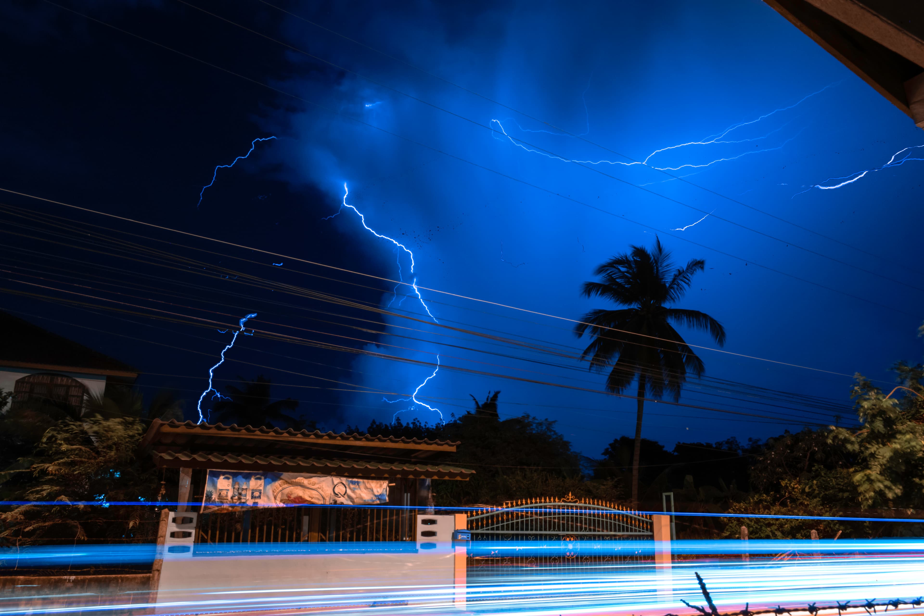 Lightning striking during a powerful night storm